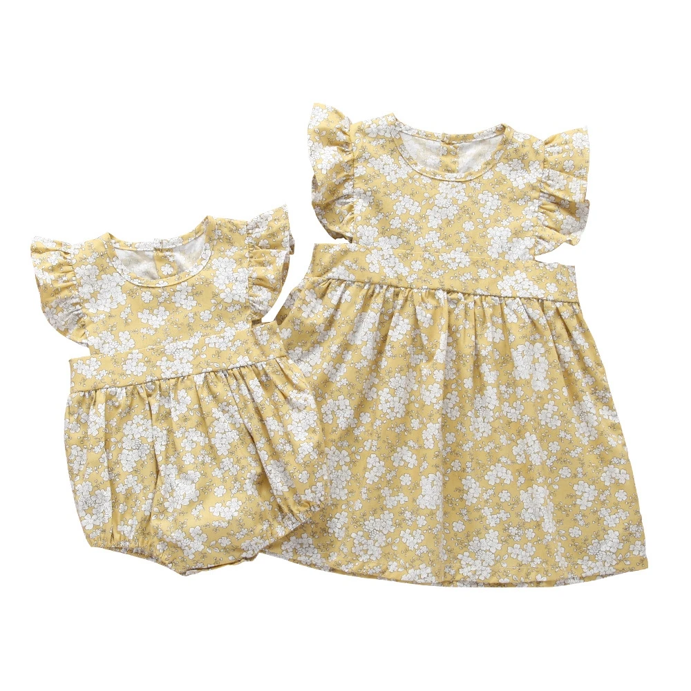 

2019 sun flower cotton clothing toddler Jumpsuit sister baby girls romper and dress, Customized color