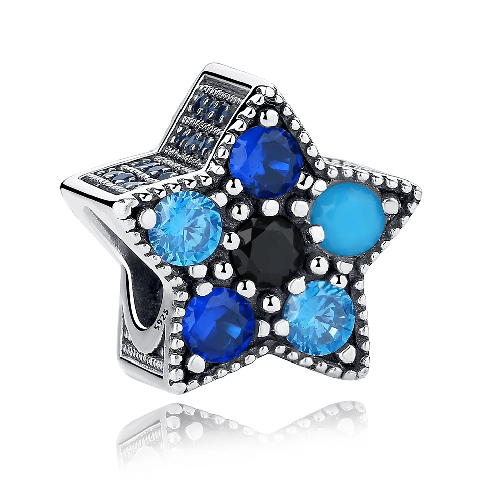 

Wholesale Real 925 Sterling Silver Bead Blue Clear CZ Star Charm Fit Original Bracelet DiY Jewelry Accessories