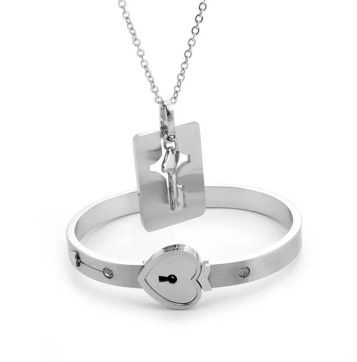 

Romantic Lover Heart Lock Bangle And Key Necklace One Set Couple Bracelet, Steel color and gold