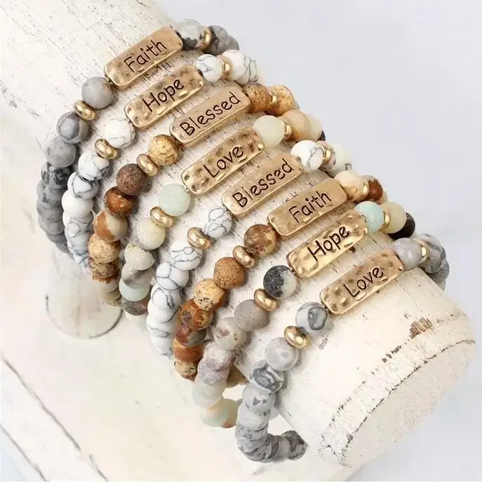 

Hope Love Faith Blessed Stretch Metal Plate Engraved Message Stone Bead Bracelet, Gray brown white multi coloed gemstone