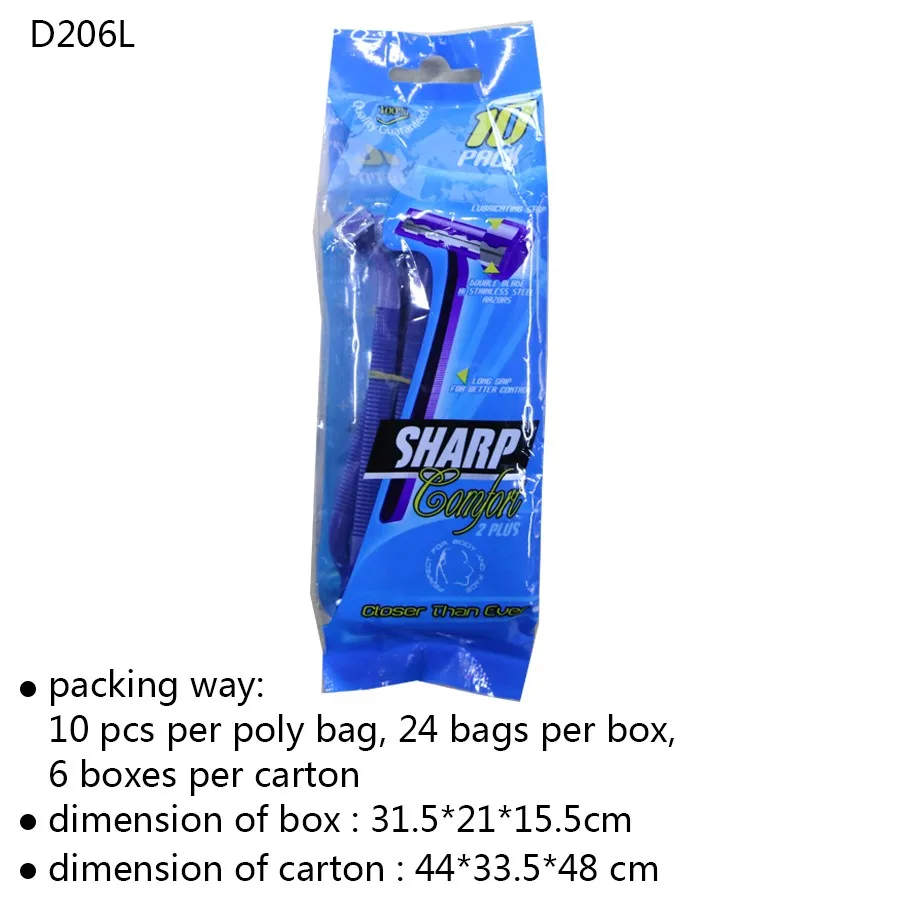 D206l Long Plastic Handle Disposable Twin Blade Shaving Razor Fixed Head Type With Lubricating