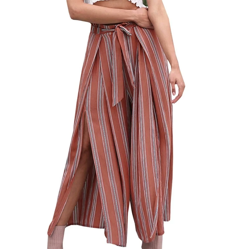 

Fashion Chiffon Wide Leg Pants Women's Office Lady Casual Printed Party Trousers Elastic High Waist Striped Ninth Pants