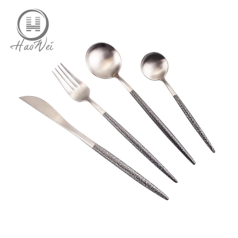 

New arrival high grade uneven handle spoon fork table knife coffee spoon set stainless steel gold cutlery flatware set, Gold;silver with black handle
