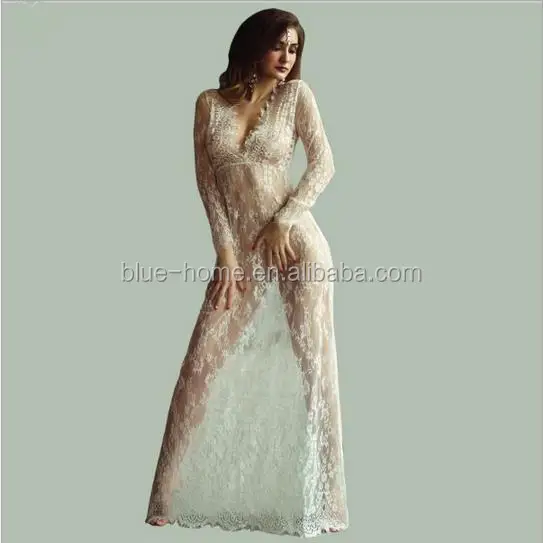 Women Floor-Length Black White Summer dress long sleeve sexy maxi lace dress