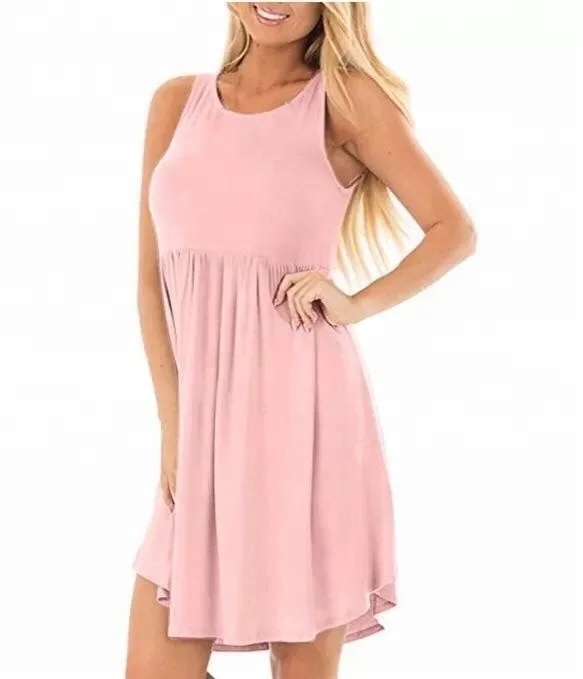 

b59 Summer Sundress Women's Fashion Casual Solid O-Neck Simple Sleeveless Ruffled T-Shirt Loose Camis Dresses women paty