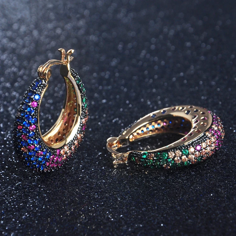 

OB Jewelry-Multi Color Brazilian Gold Ear Cuff Earrings Rainbow Stone Big Earrings