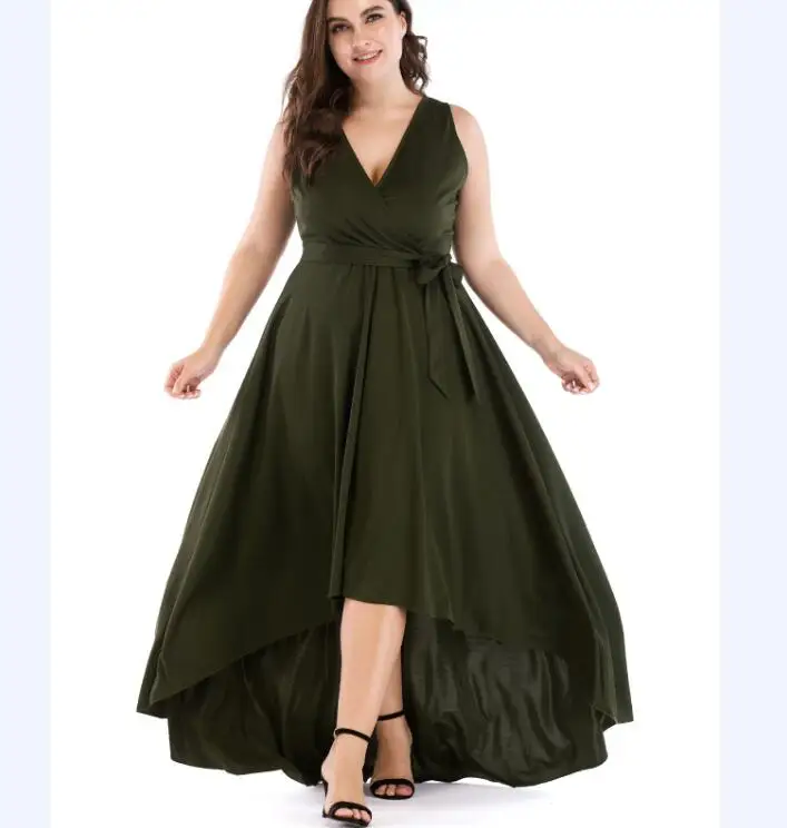 

Large Size Party Deep V Neck Sleeveless Maxi Evening Swing Dress Amy Green Lady Asymmetrical Hem High Low Cami Dress 5XL