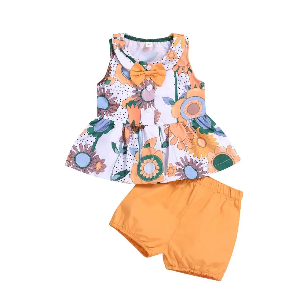 

2019 Summer Toddler Kids Baby Girl Sunflower Bow T-shirt Tops Shorts Pant 2PCS Outfits Girls flower Clothing Set