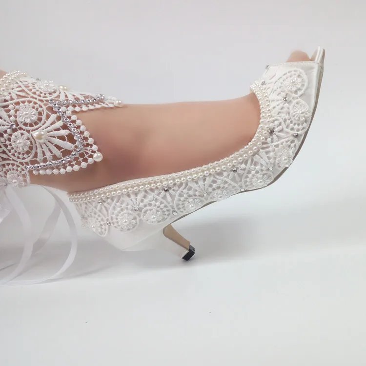 

Morili 8cm 10cm top quality satin and lace women open toe high heels bridal white wedding shoes with pearls MWSB26