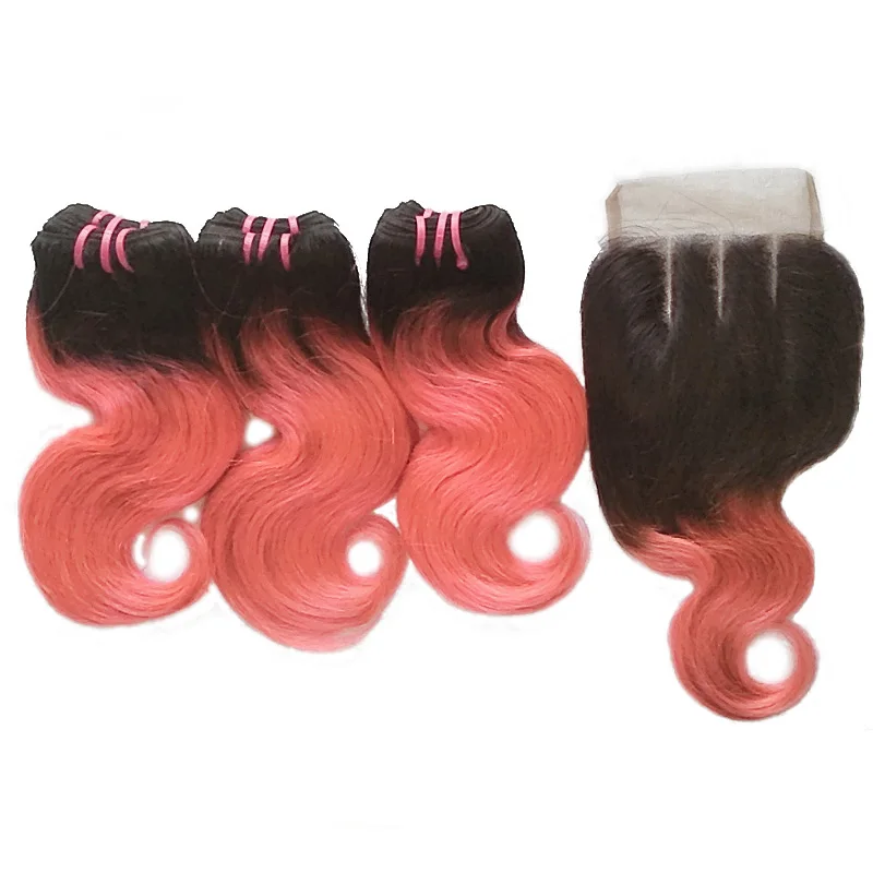 

100% human body wave hair bundles with lace closure hot sale ombre blonde pink fuchsia red purple two tone body wave hair weft, 1b/27# 1b/pink 1b/fuchsia 1b/red 1b/purple