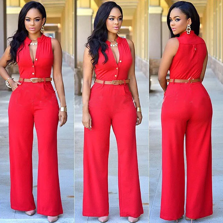 

Women Wide Leg Pants Jumpsuit Sleeveless V Neck Rompers Casual Monos Belted Clubwear Bandage Bodysuit 7 Colors E2197