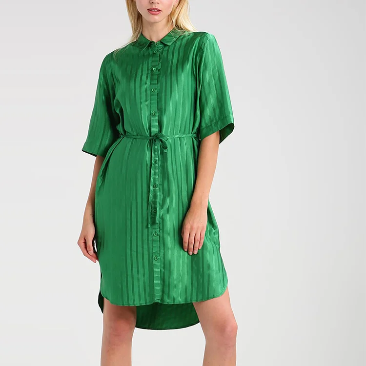 

New fashion waist tie design women 3/4 Sleeves shirt dress, Green ,customized color