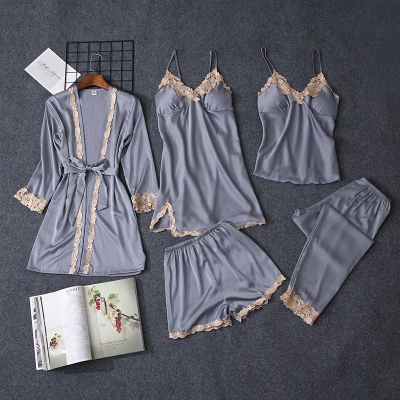 

2019 New Style Nightwear for Women Sexy Silk Nightgown Satin Five Pieces Pajamas Set