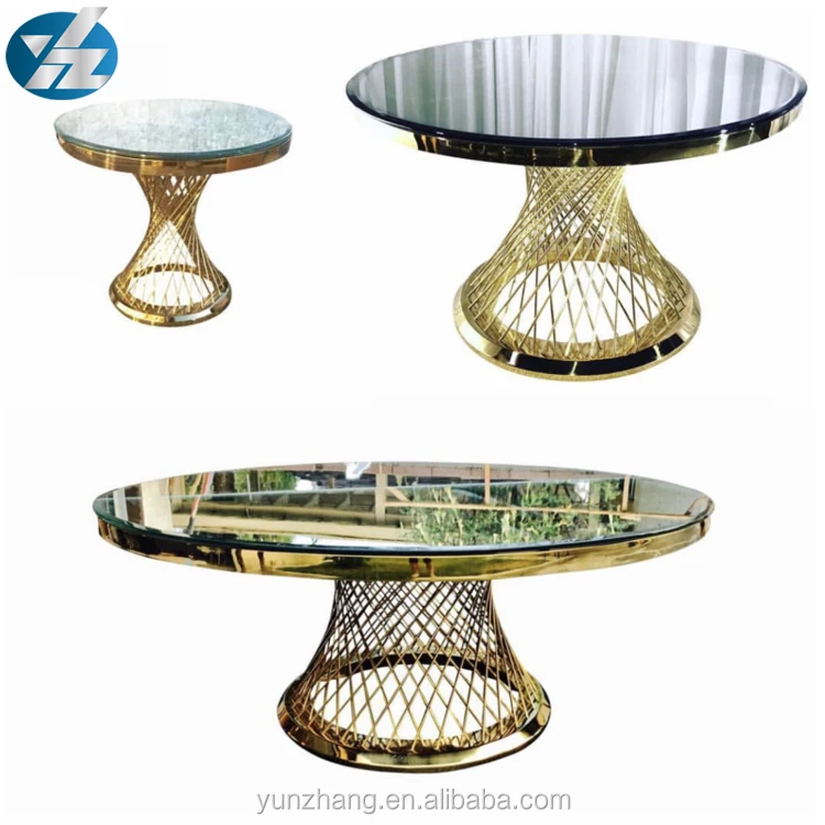 
Hotel Gold Stainless Steel Mirror Glass Top Wedding Dining Table 