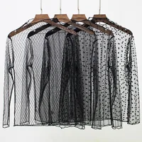 

spring Summer Women Lace Long Sleeve Black blouse sexy see-through mesh transparent blouse