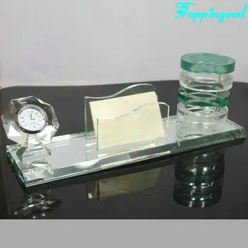 Three Parts Clock Pen Holder Name Card Holder Crystal Office Set