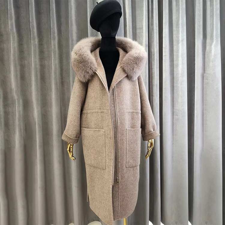 

New Collection Clothes Handmade Winter Woolen Jackets Korean Style Women Zipper Up Belted Real Fur Hooded Long Wool Coat, As photo or customized