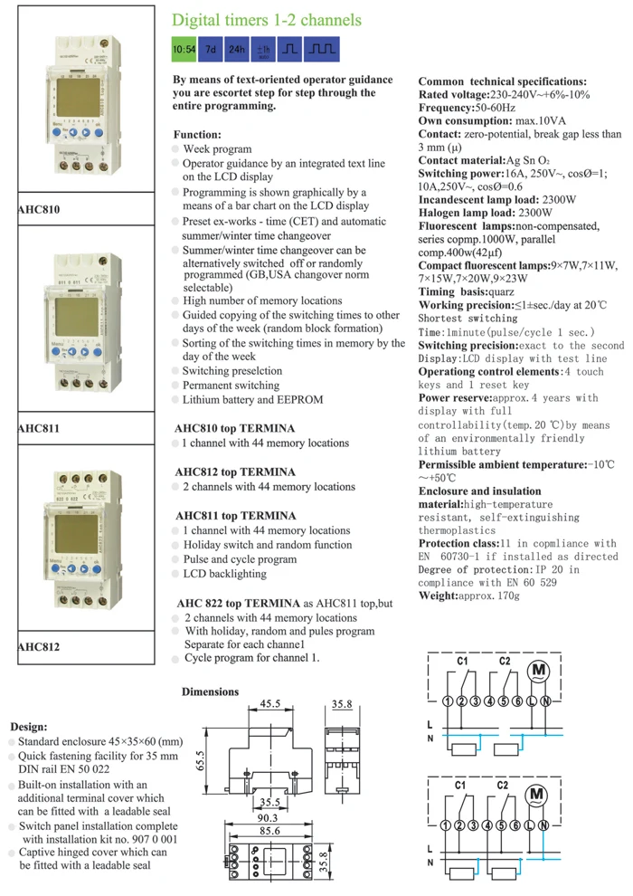 AHC812 AHC822 2 Channel AHC810 AHC811 1 Channel 16A Multi function Weekly Programmable DIN Rail LCD Digital Time Switch