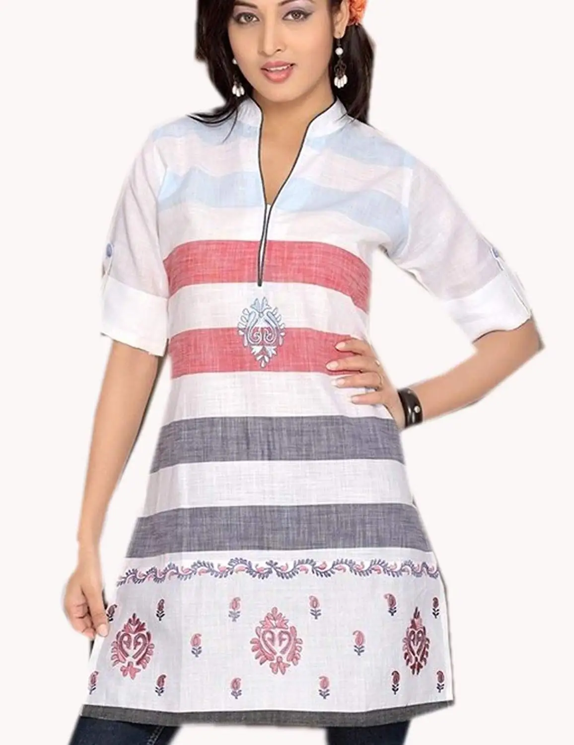 Jayayamala Dark Gray Cotton Multi Color Embroidered Top