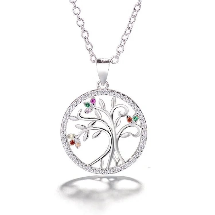 

China Wholesale Elegant 925 Sterling Silver CZ MiX Stone Tree Round Shape Pendant, As customer request