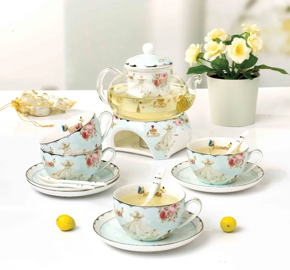 

Hot sell new bone china tea set with flower design teapot with warmer