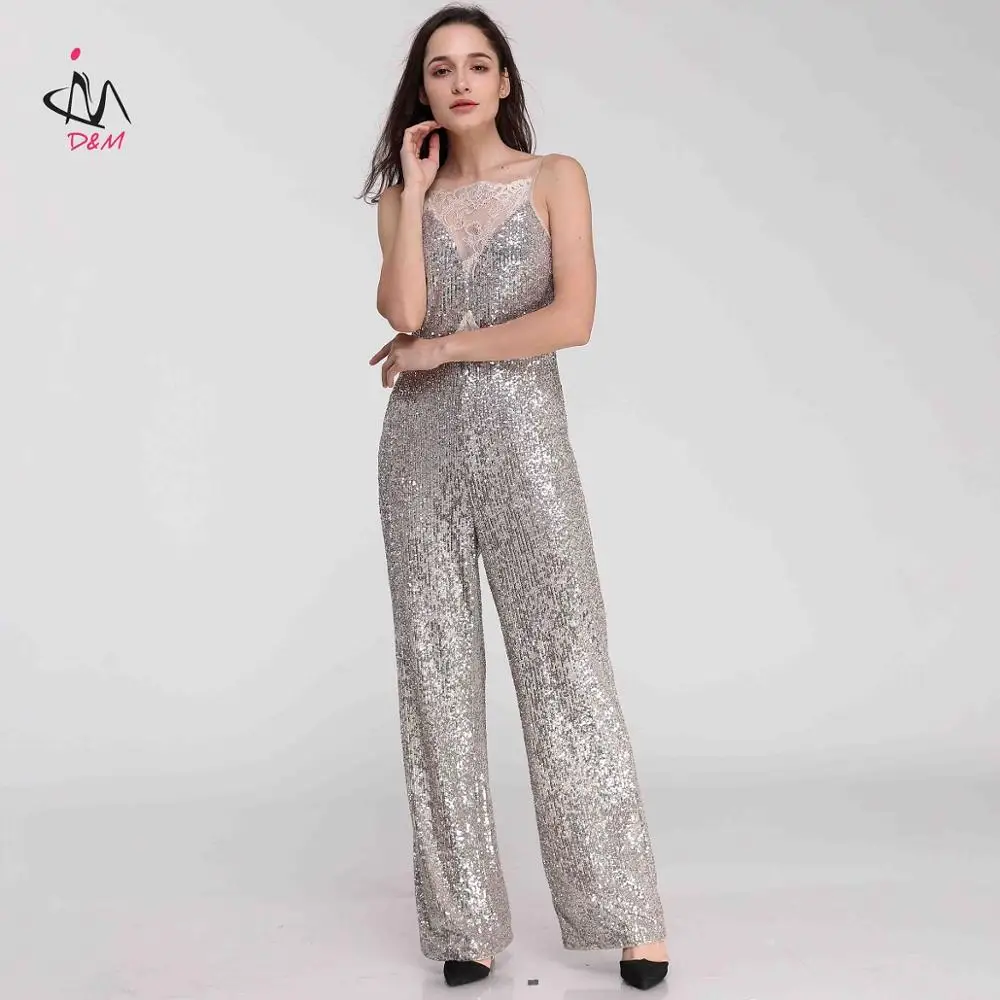 

Evening Jumpsuit Lace Sliver Sequin Sleeveless Wide Leg Jumpsuit Luxury One piece, Shown,or customized color,provide color swatches