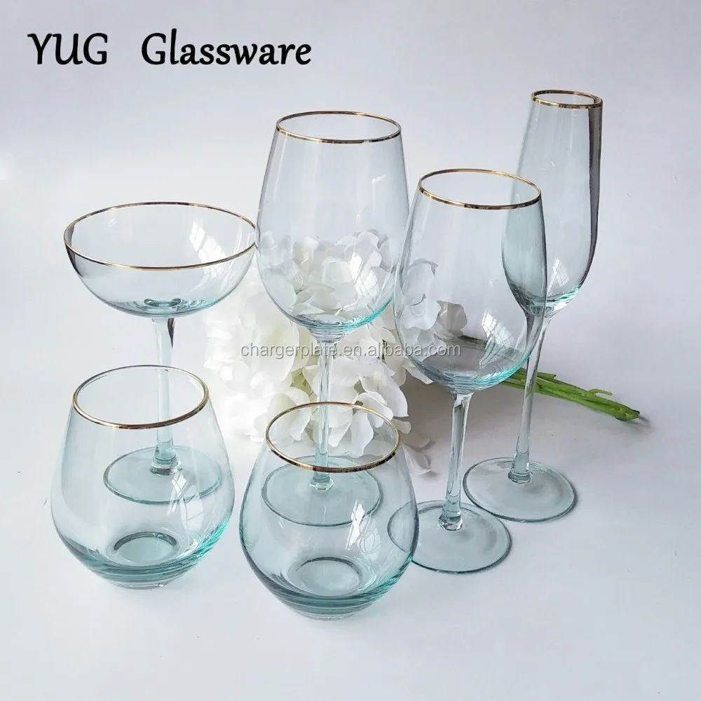 Wedding Events Hiring Pink Blue With Gold Rim Wine Glasses,Goblets