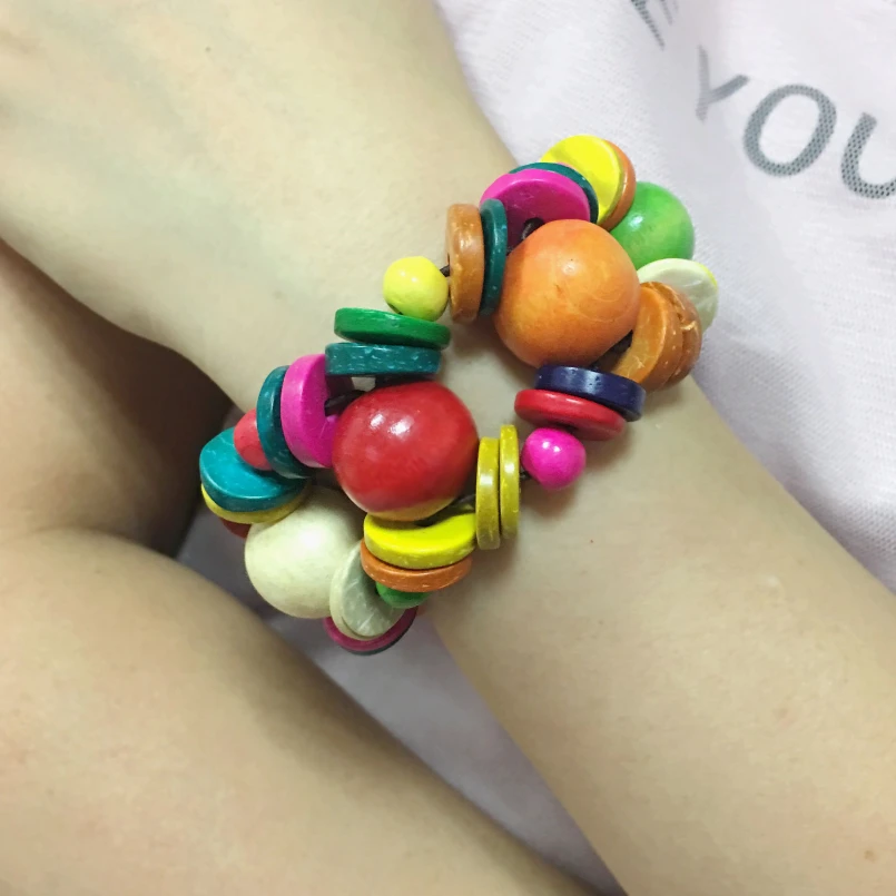 

Bohemia Coconut Shell Bangle Bracelet Handmade Colorful Wood Beaded Elastic Strand Hand Cuff Bracelet Jewelry, Multicolor