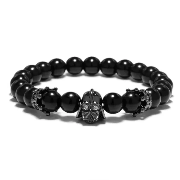 

Handmade High Quality Clear CZ Micro Pave Black Warrior Helmet Charm Natural Stone Bead Bracelet (MB18035)