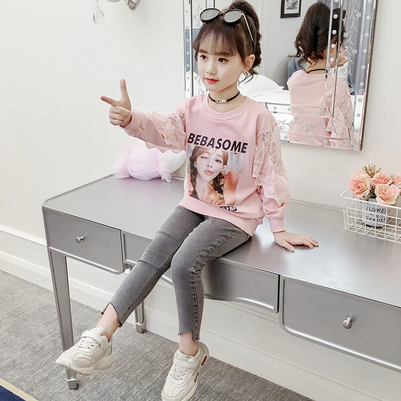 
Wholesale Price Girls Fitness Mid-waist Denim Pants Kids Korean Spring Jeans 