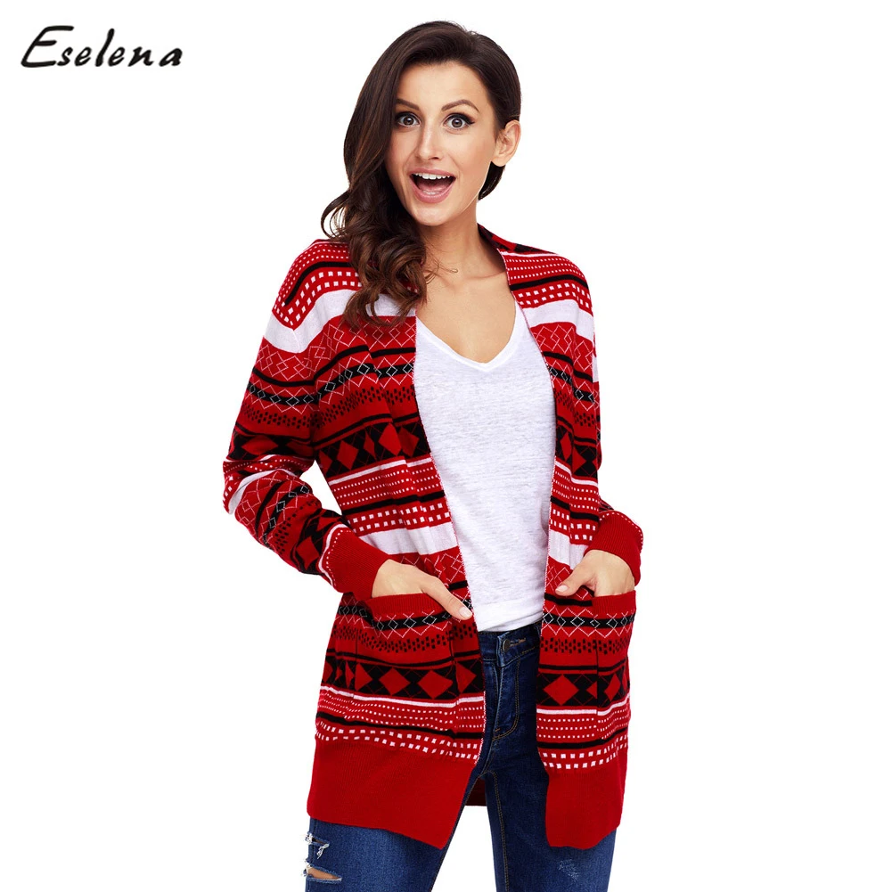 

wholesale Geometric Pattern Print women Christmas Cardigan with Pocket Casual oversized Knit Sweater female