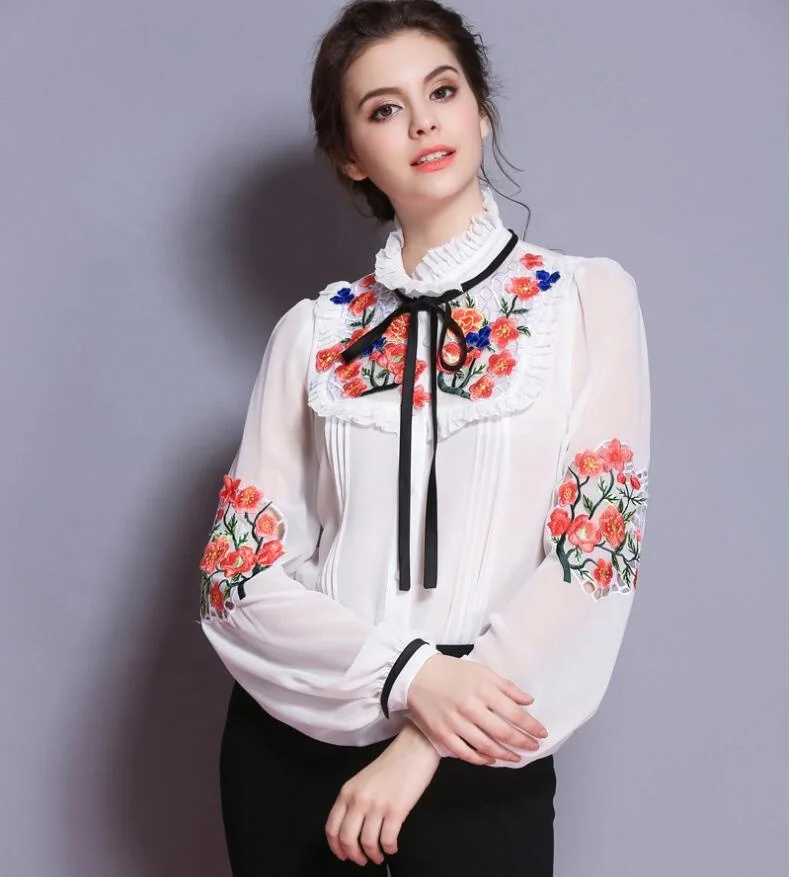 

lady Chiffon long sleeve pleating embroidery fancy blouses shirt