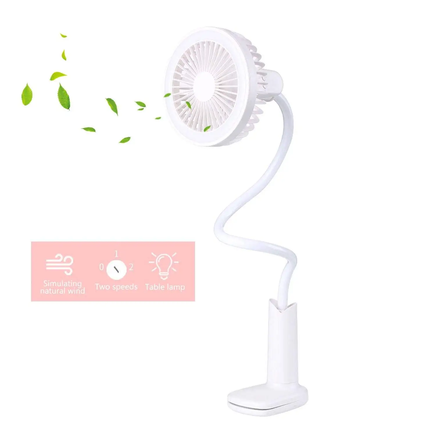 KOBWA LED Clip Fan, 1500mAh Rechargeable Battery Operated Clip on USB Desk Fan, Mini Personal Clip-on Table Fan 2 Speed with Lamp for Baby Stroller, Office, Home,Car, Bedroom