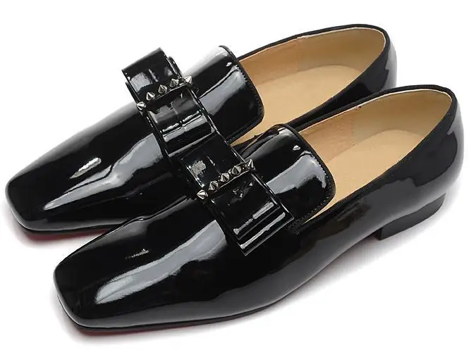 Men Flats Shoes Black Shiny Leather 