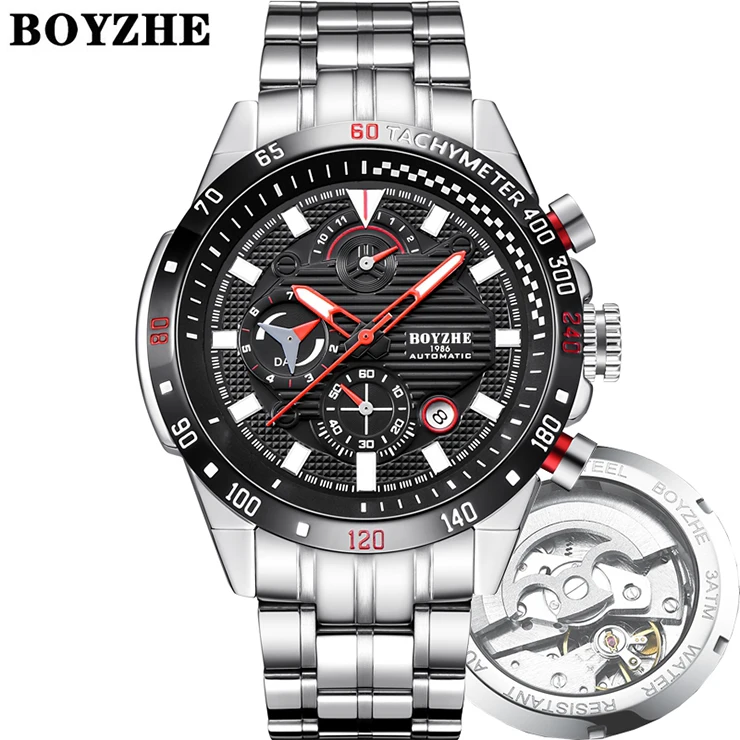 

BOYZHE brand hot selling stainless steel mechanical waterproof automatic watch mens