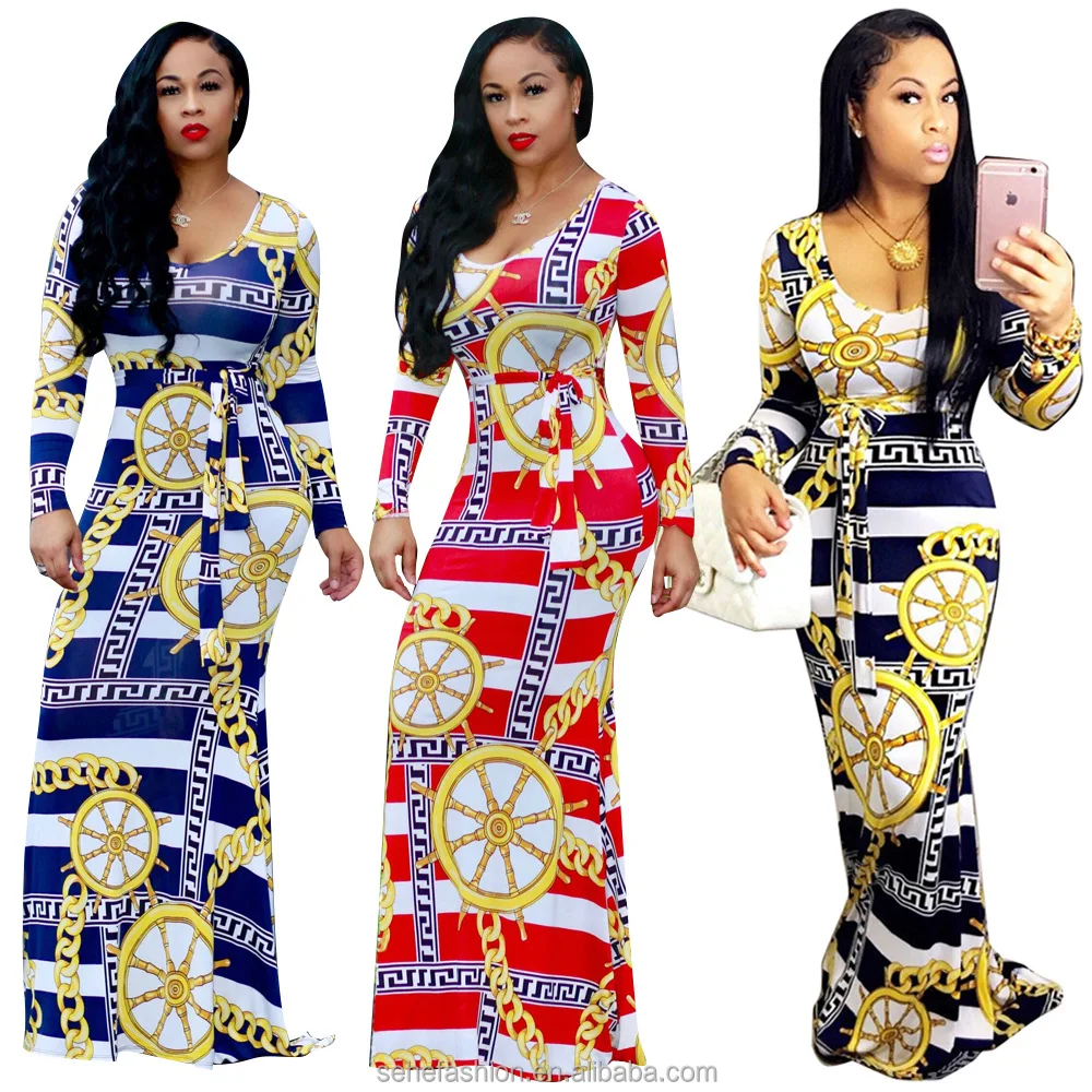 

Wholesale african styles round collar printed maxi dress for women