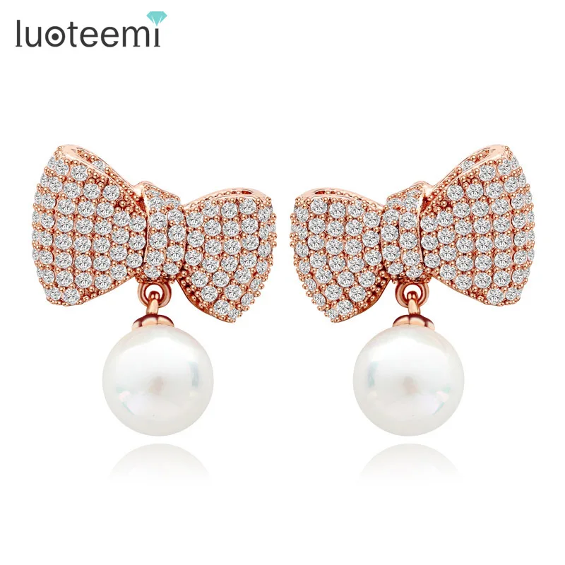 

LUOTEEMI 2015 Oct New Arrival South Korea Ladies Fashion Top Cubic Zircon Bow With Pearl Drop Stud Earrings Wholesale Bulk Stock, Ruby/dark blue/emerald/clear