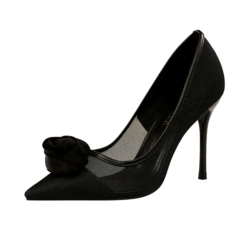 

1853-2 Sexy nightclub slim stiletto high heel mesh openwork satin rose flower single shoes high heels women's shoes fasion heel