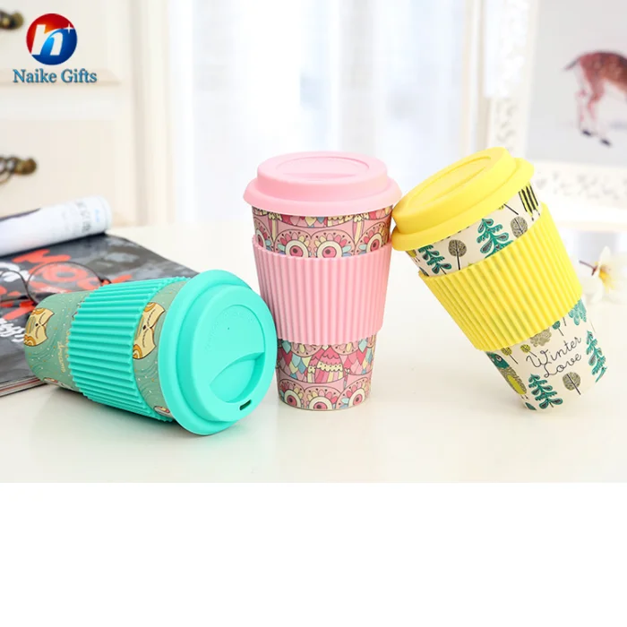 

High quality customized logo traveling bamboo fibre coffee cup with silicone lid, 1 colors with 9 design