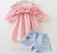 

summer apparel children clothing 2pcs clothes stripe design girl clothing sets tops+ jeans short