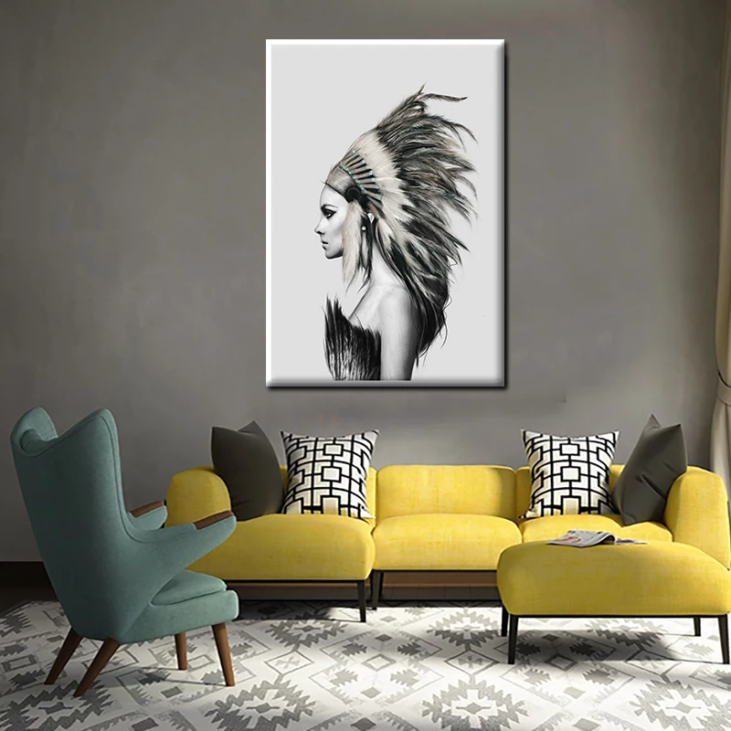 Beauty Art Canvas Painting Native American Indian Girl Feathered Poster Wall Picture Modern Home Wall Art Decor Print