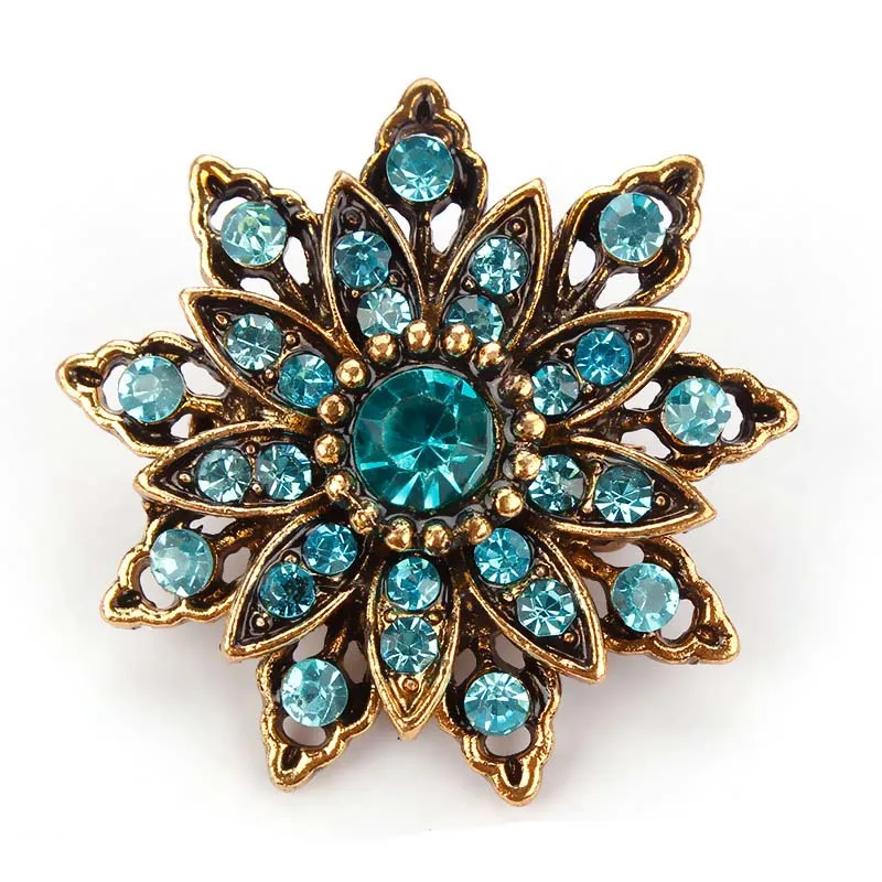 

Factory Direct Sale Vintage Antique Gold Plated Blue Rhinestones Flower Brooch Pins for Women