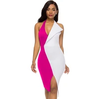 

Deep V Neck Halter Black White Contrast Color Sexy Elegant Summer Bodycon Robes Career Dresses Office Lady