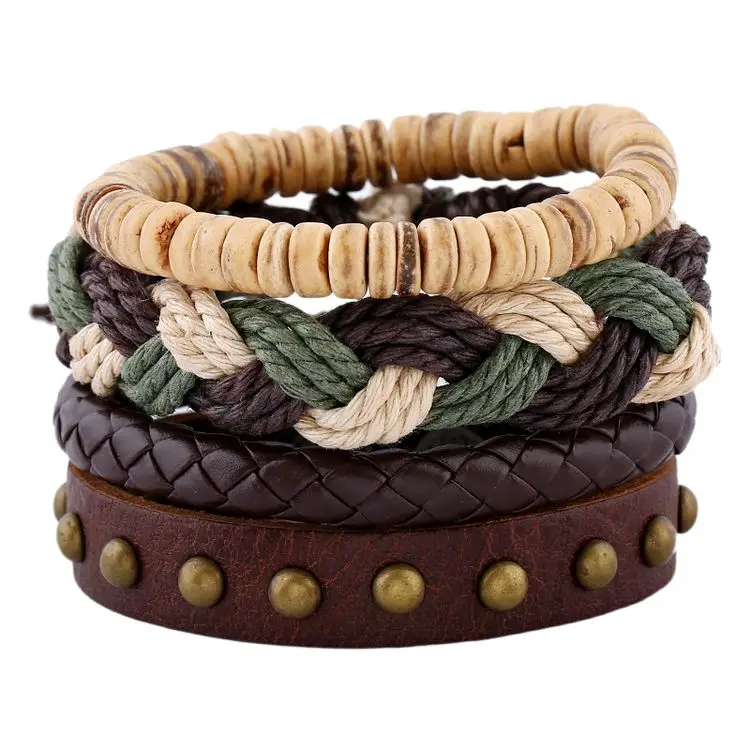 

New 1 Set Men's bracelet Women Vintage Multilayer Leather Bracelets bangles Jewelry pulsera Hombre, Green and brown