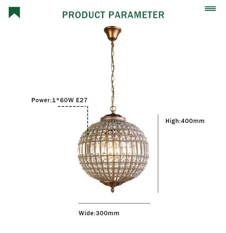 European luxury  golden crystal round iron art restaurant porch pendant lamp