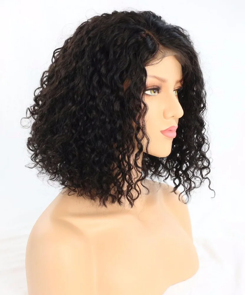 

pre plucked hairline human hair lace front wig brazilian human hair 180% density Full tip short curly wig for black women