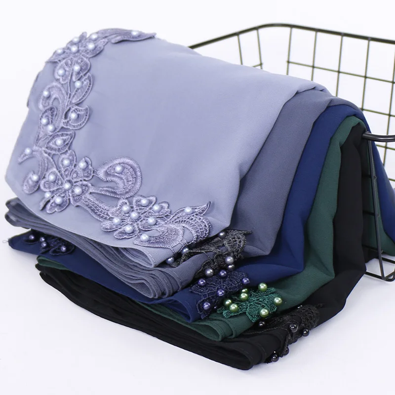 

New design beaded 3D floral embroidery lace chiffon hijab