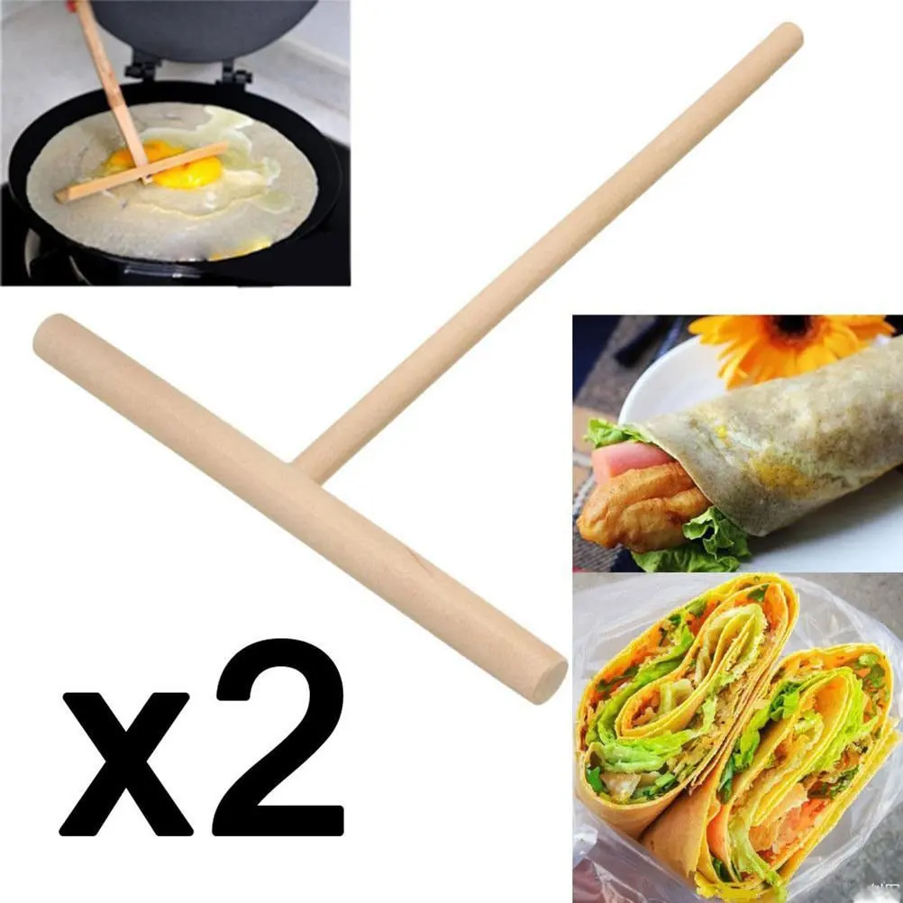 OKOKMALL US--2x Wooden Rake Round Batter Pancake Crepe Spreader Kitchen Tools DIY 15cm