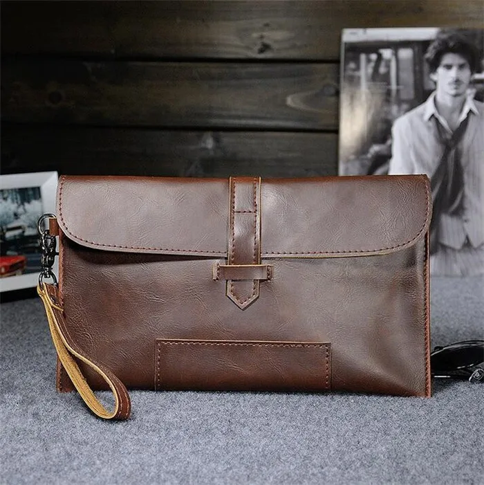 Wholesale  personality design vintage crazy horse leather wristlet handbag men's clutch bag
