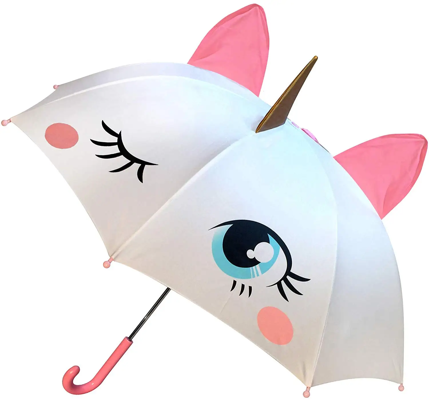 Great Gift & for Back to School Kids of all ages! Magical POP-OUT Golden Horn & Pink Ears Easy To Open & Close Unicorn Umbrella for Girls 